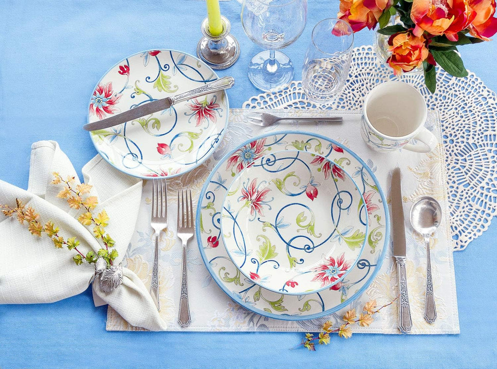 Tudor Royal Collection 16-Piece Round Dinnerware Set, Service for 4, Botanical Design, Plates Bowls Dishes, High-Gloss Premium Quality
