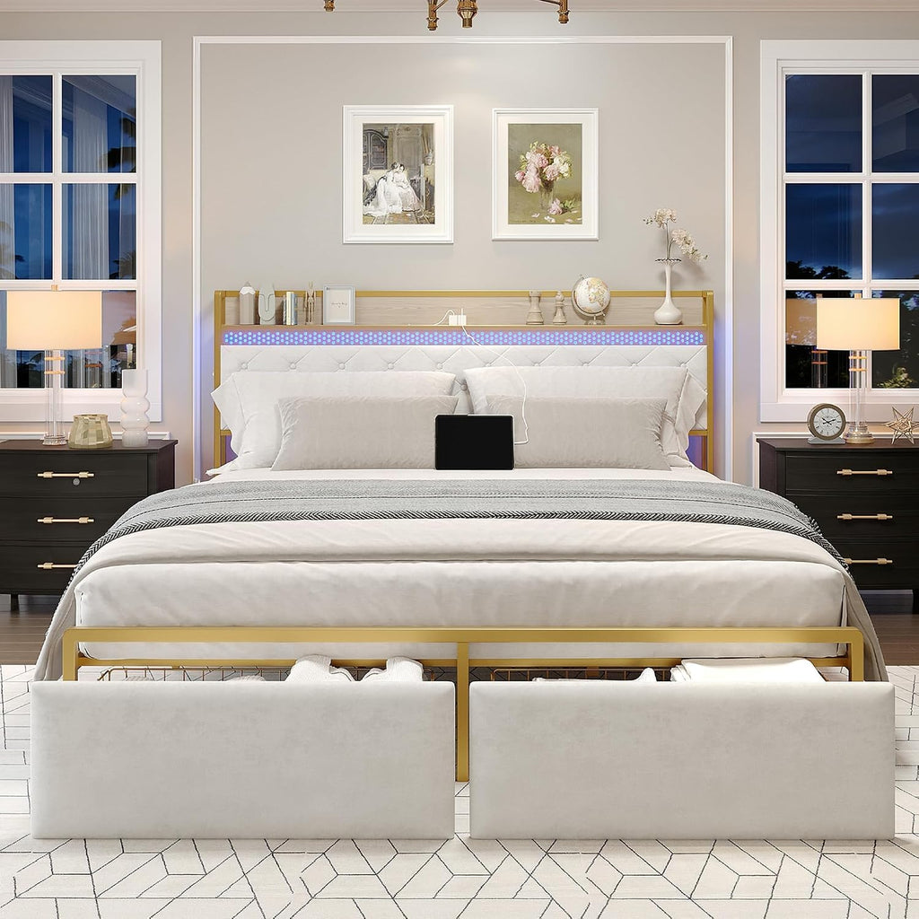 IDEALHOUSE King Size Bed Frame with Storage Headboard and 2 Drawers, Platform Metal King Bed Frame with LED Lights and Charging Station, Noise Free, No Box Spring Needed, White