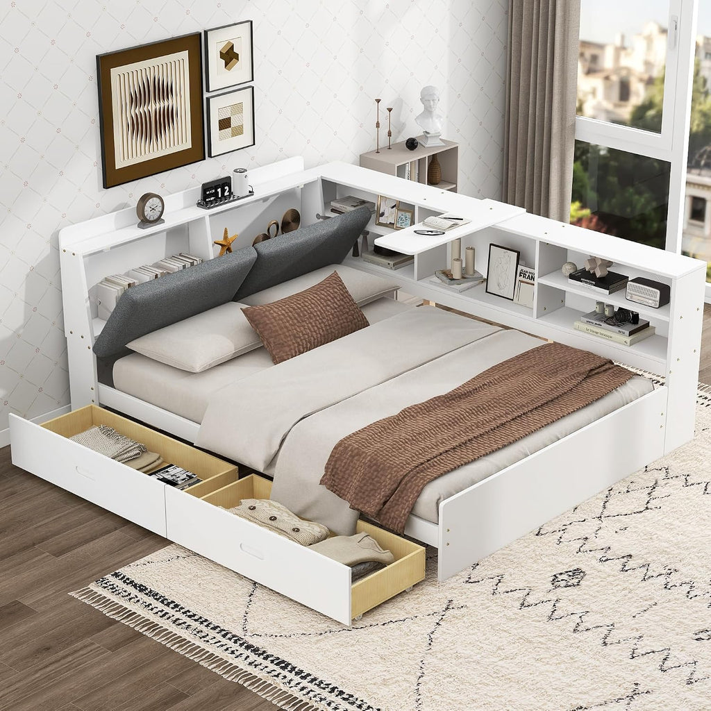 Merax Corner Full Bed Frame, Wood Platform Bed with Storage Headboard, Full Size Daybed with 2 Drawers and Rotatable Storage Board for Living Room,Bedroom,Guest Room,White
