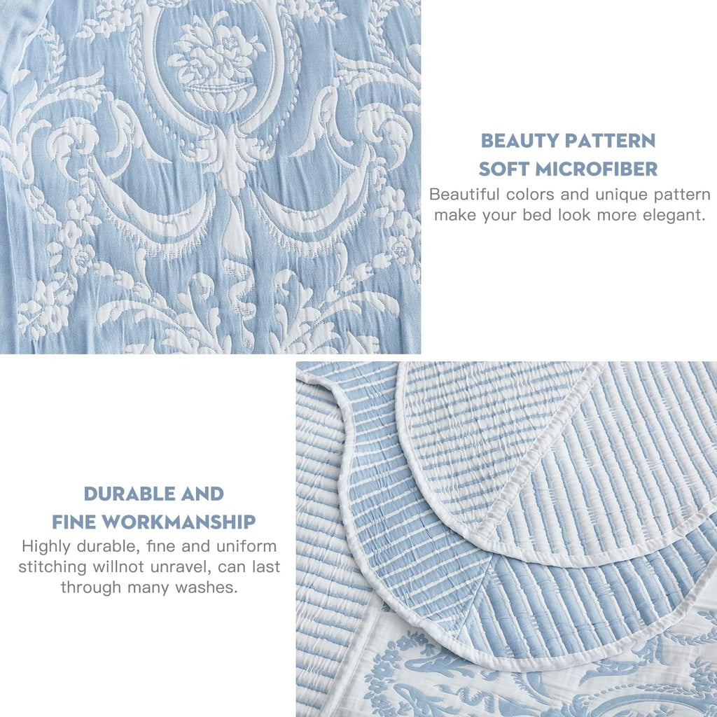 HZ & HY Oversized King Bedspread 128x120 Extra Wide, Jacquard Matelasse Damask Pattern Design, Lightweight, Reversible, 5 Piece, 100% Microfiber, Wathet Blue