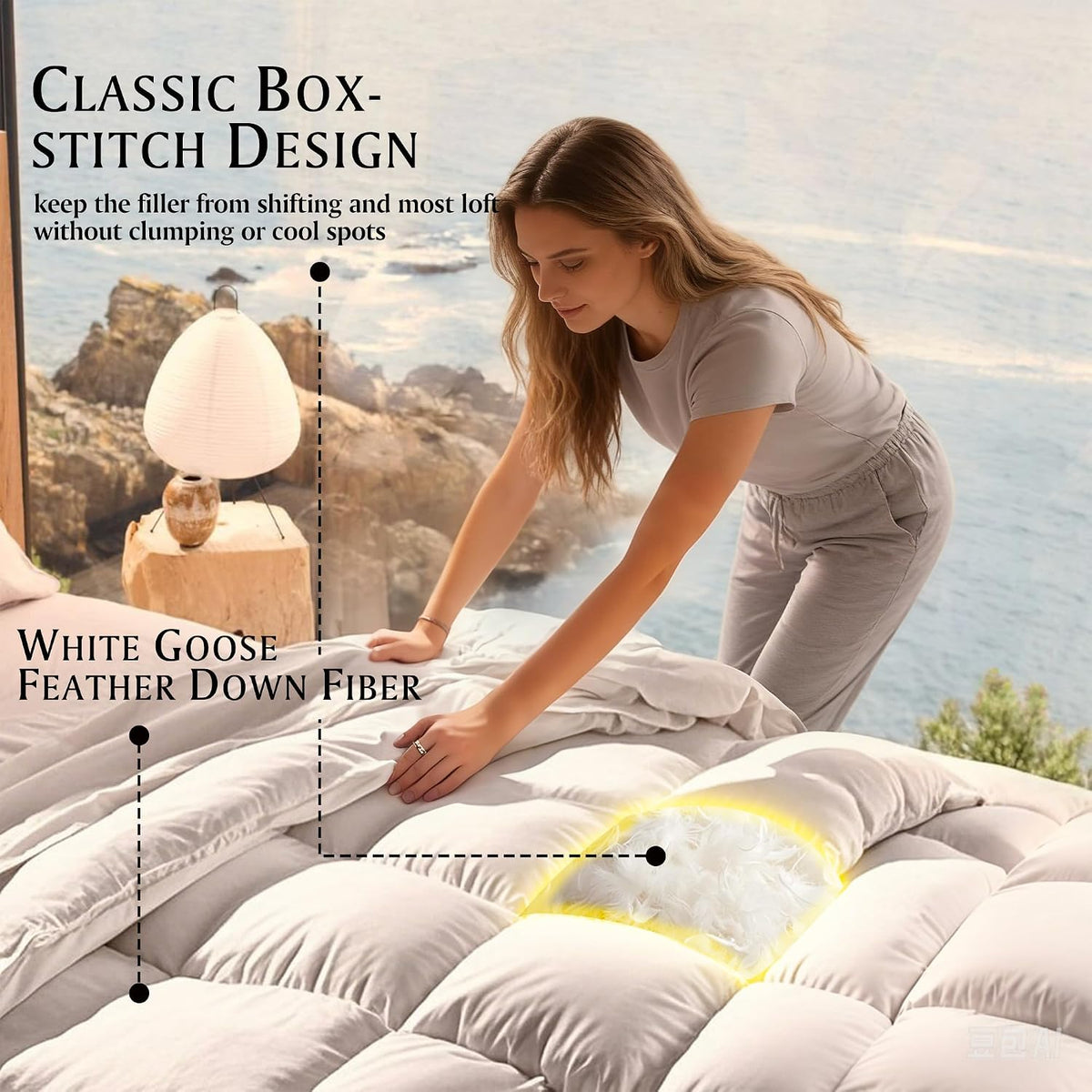 Beautyrest Luxury Hotel Collection Queen Size White Goose Feather Down Fiber Comforter,Ultra-Soft 100% Cotton Breathable Down Comforter Fluffy Duvet Insert, Winter Warm/Queen (90'x90')