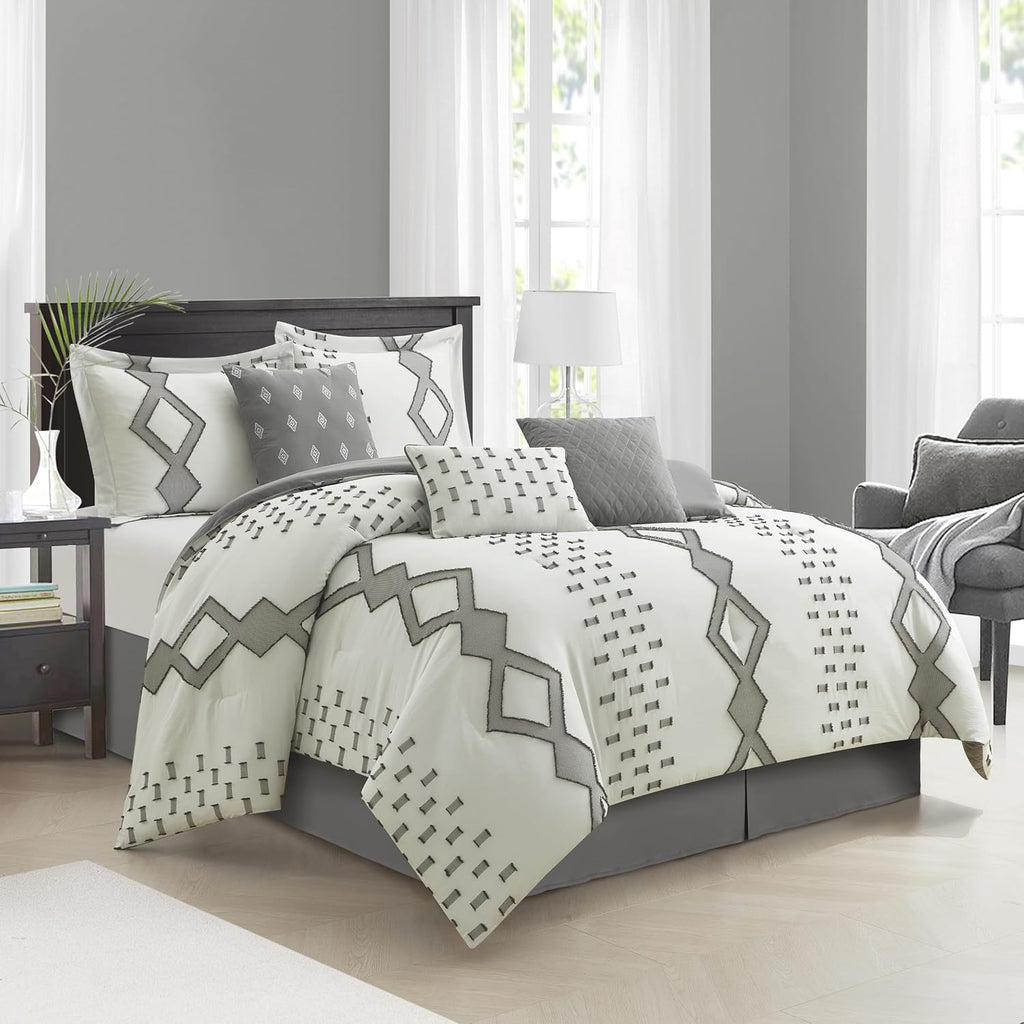 Grand Avenue 7 Piece White Grey Comforter Set, California King Size Clipped Bedding Set, All Season Geometric Bedding, Matching Pillows, Shams, Bed Skirt