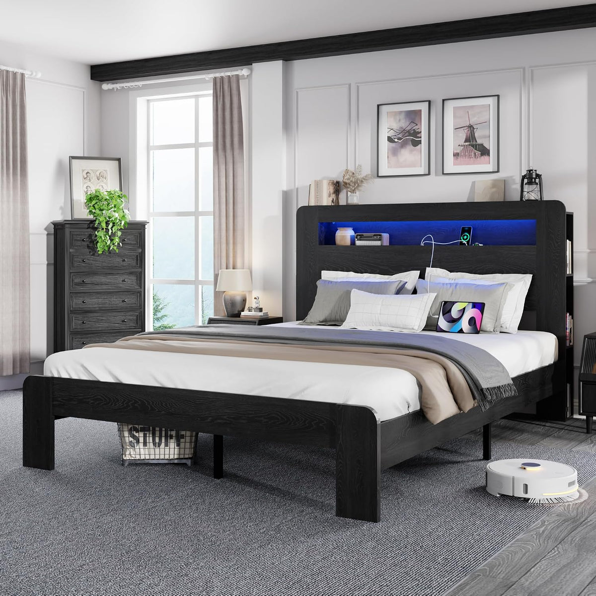 Queen Size Wooden Bed Frame with Bookcace Storage Headboard, Rustic Farmhouse Bedframe with LED Lights and Charging Station, Sturdy and Stable, Slat Support, No Box Spring Required (Black, Queen)