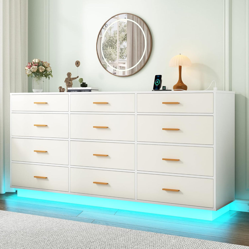 chartustriable White 12 Drawers Dresser w/Power Outlet,60000-Colors Lights for Kids Bedroom,Modern 63In Long Dresser for Closet,Wooden Tall Dressers w/Large Storage for Entryway,Hallway