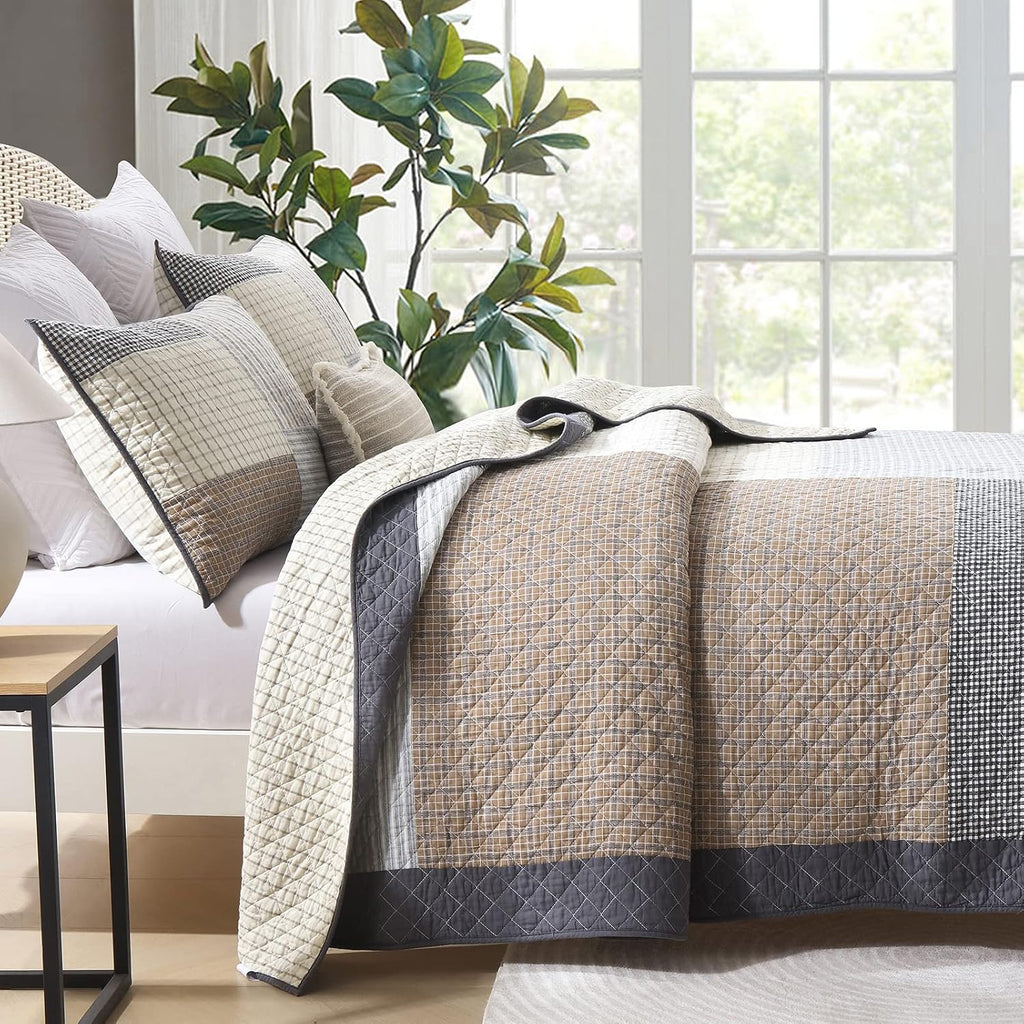 Quilts Queen Size - Queen Quilt Bedspread, 100% Cotton Patchwork Quilt Bedding Set for Queen Bed, 3 Pieces Plaid Farmhouse Reversible Rustic Lightweight Comforter Spread, Brown/Beige/Gray