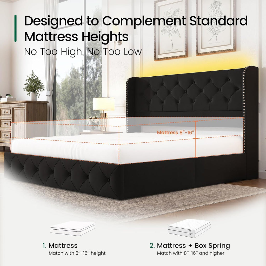 LARMACE Queen Size Bed Frame with LED Lights and 4 Storage Drawers Velvet Upholstered Platform Bed Frame with 47.2' Tall Tufted Headboard Wingback, No Box Spring Needed, Easy to Assemble, Black