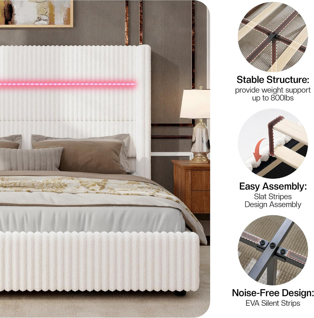 Jocisland Full Size Corduroy Upholstered Bed Frame with 4 Storage Drawers & 51.2' Tall Wingback Headboard, LED Platform Bed with Charging Station, Easy Assembly, No Box Spring Needed, White