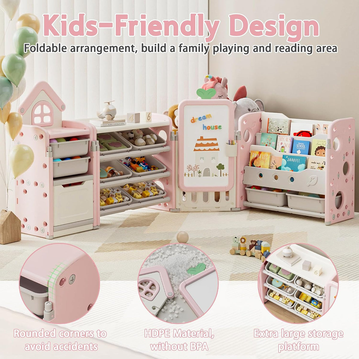 Kids Toy Storage Organizer with 10 Removable Bins, Foldable Toy Organizers and Storage with 3-Tier Bookshelf for Kids Toy Storage Organizer with Drawing Board, Extra 3 Brushes (4 In 1 Light Pink)