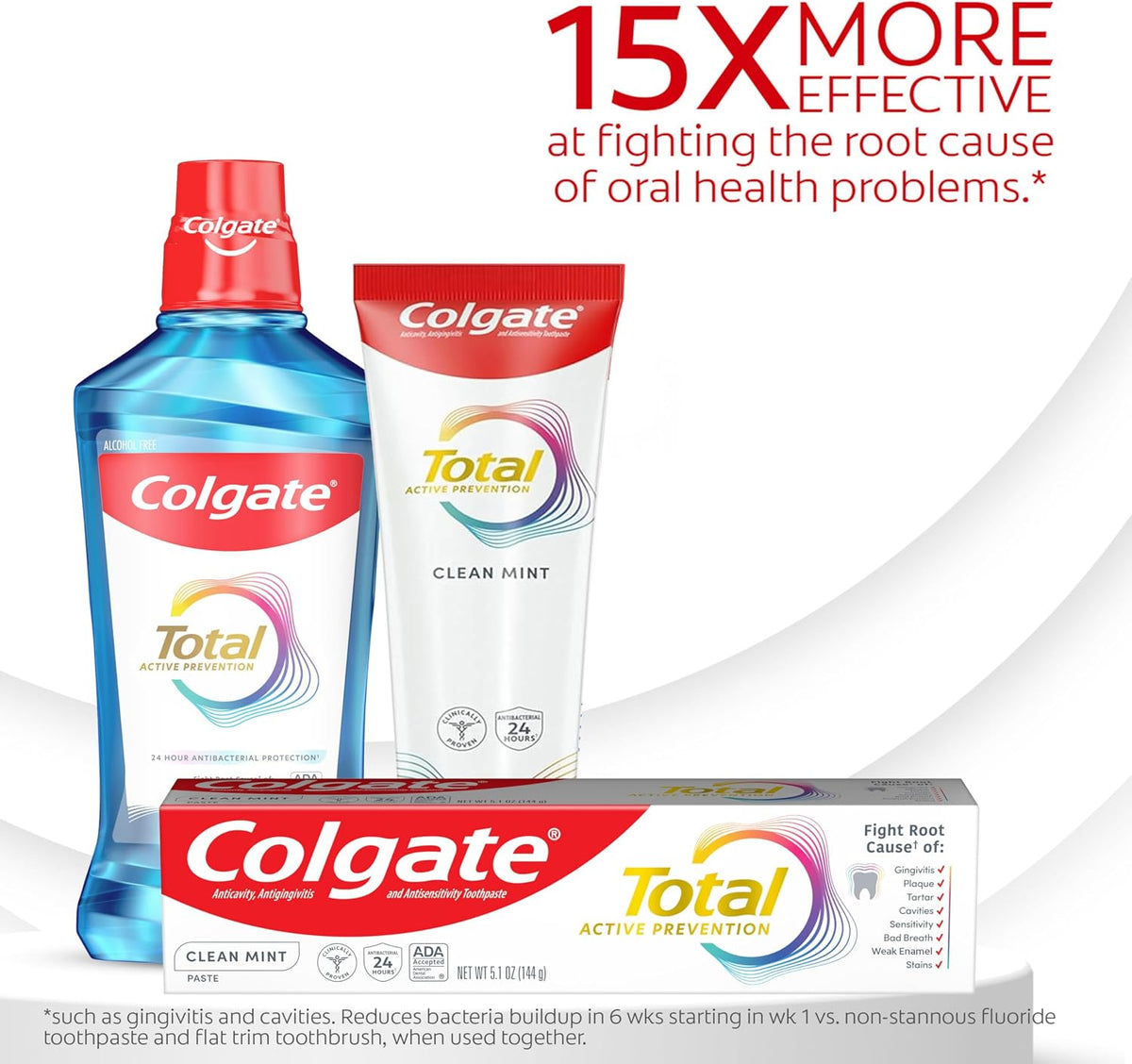 Colgate Total Active Prevention Clean Mint Toothpaste, Anticavity Fluoride Toothpaste, Clinically Proven Formula that Fights Plaque Bacteria, Mint, 24 Pack, 5.1 oz