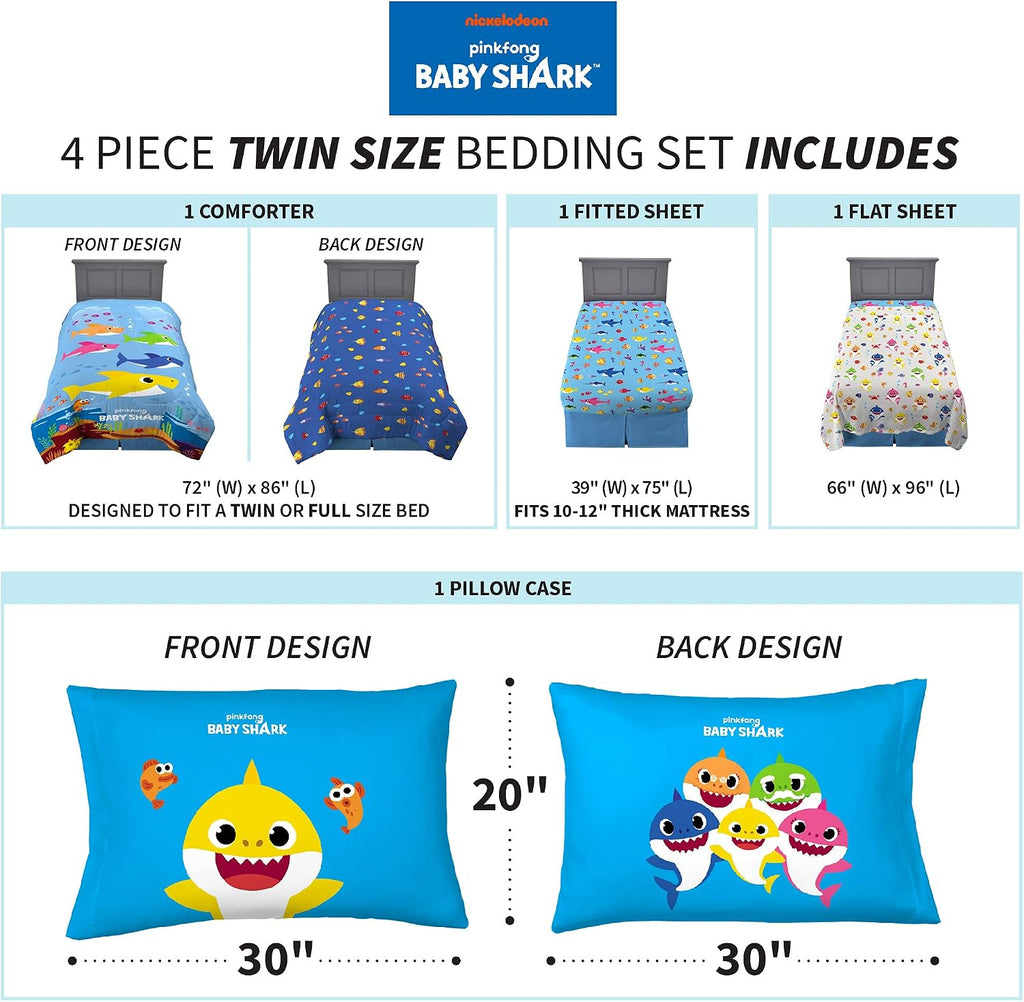 Franco Kids Bedding Super Soft Comforter and Sheet Set, 4 Piece Twin Size, Baby Shark