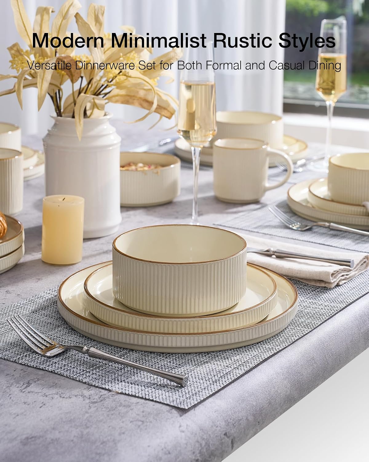 Famiware Star 16-Piece Stoneware Dinnerware Set with Trim, Service for 4 -Ceramic Mugs, Plates and Bowls, Modern Rustic Dishes with High Edge, Chip/Scratch Resistant, Microwave/Dishwasher Safe, Cream