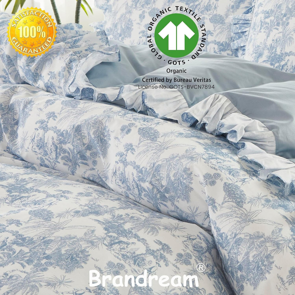 Brandream French Country Toile Duvet Cover Set Queen Size for Girl Women 100% Cotton Luxury Cottagecore Bedroom Decor Blue French Toile Botanical Print Bedding with Romantic Ruffled Trim
