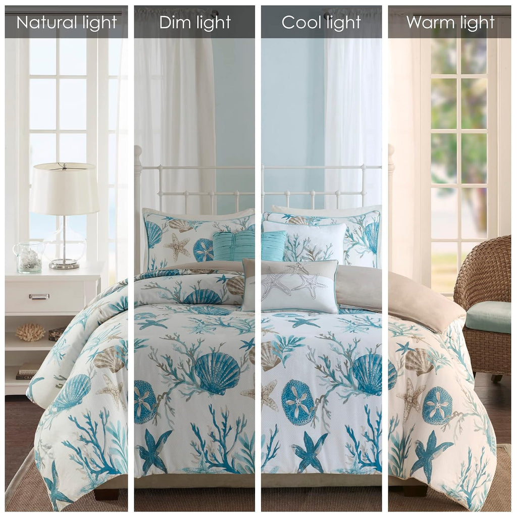 Madison Park Pebble Beach Cotton Duvet Set - Coastal, Starfish, Sealife Design, All Season, Breathable Comforter Cover Bedding, Matching Shams, Decorative Pillows, Aqua Full/Queen(90'x90') 6 Piece