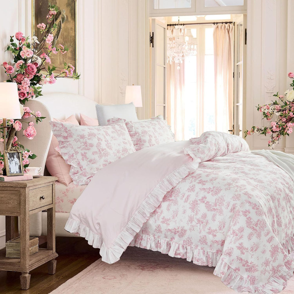 Brandream French Country Toile Duvet Quilt Cover King Size 100% Cotton Bedding Set Toile Tapestry Pattern Garden Floral Printed Blossom Tree Branches Delicate Ruffle Fringe Design