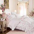 Brandream French Country Toile Duvet Quilt Cover King Size 100% Cotton Bedding Set Toile Tapestry Pattern Garden Floral Printed Blossom Tree Branches Delicate Ruffle Fringe Design