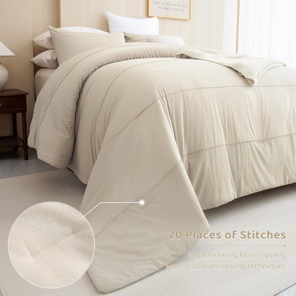 Sanracie Oversized King Comforter 128 * 120, Cotton Comforter King Size Extra Large Pinch Pleat Stripe Pattern,Solid Color Wheat Bedding Comforter Set Linen Feel Textured 3pcs Soft Neutral Bedding