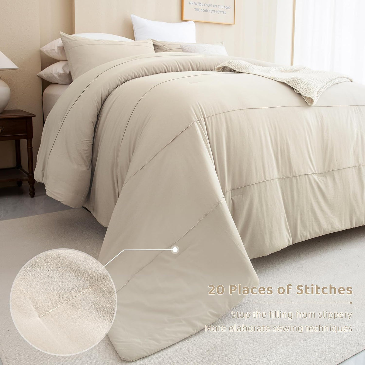 Sanracie Oversized King Comforter 128 * 120, Cotton Comforter King Size Extra Large Pinch Pleat Stripe Pattern,Solid Color Wheat Bedding Comforter Set Linen Feel Textured 3pcs Soft Neutral Bedding