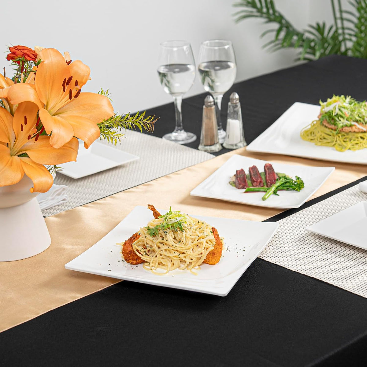 Restaurantware Voga 10 x 10 Inch Serving Plates 10 Square Pasta Plates - Premium Top-Rack DIshwashable White Melamine Serving Platters Serve Appetizers Or Desserts For All Occasions
