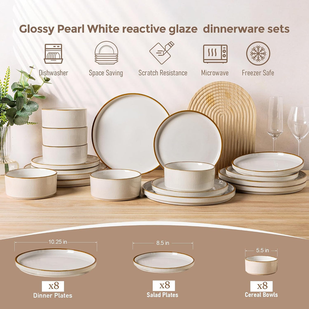 GBHOME 24-Piece Stoneware Dinnerware Set for 8 – Ribbed Ceramic Plates and Bowls, Scratch-Resistant, Microwave & Dishwasher Safe, Reactive Glaze, White with Honey-Brown Edge