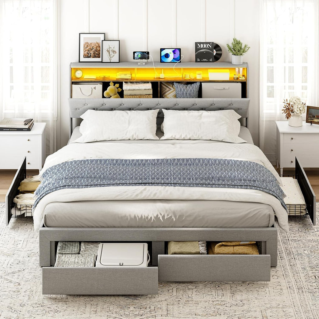 IKIFLY California King Bed Frames with 4 Drawers & Hidden Storage Headboard, Upholstered Cal King Platform Bed with LED Lights and Charging Station, No Box Spring Needed, Noise Free, Light Grey
