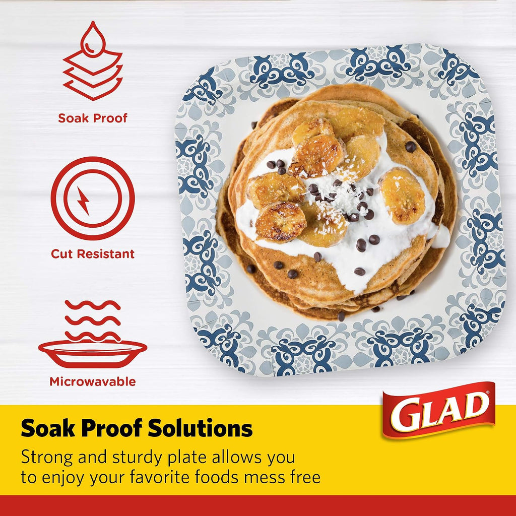 Glad Square Heavy Duty Paper Plates, Soak Proof and Cut Proof Disposable Plates for Parties and Everyday Meals, Microwaveable for Easy Serving, Blue Victorian Pattern, 10 Inch, 50 Count - 12 Pack