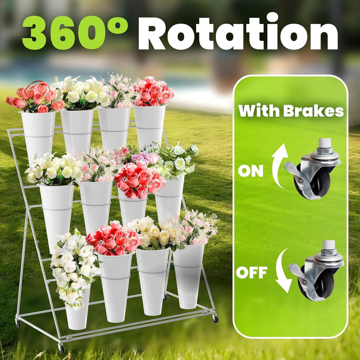 Flower Display Stand with 12 Buckets, 3 Layer Plant Stand with Wheels, Movable Plant Display Stand, Heavy Duty Moving Plant Cart Shelf for Indoor Outdoor
