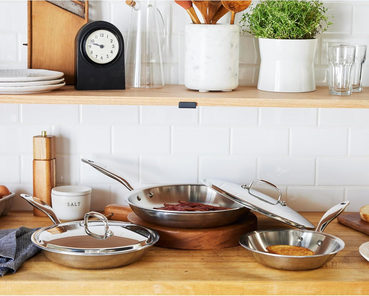 Heritage Steel 5 Piece Fry Pan Set | Made In USA | Titanium Series | 316Ti Skillet with Stay Cool Handle | Fully Clad Stainless Steel Pan with 5-Ply Construction | Induction Ready & Non Toxic
