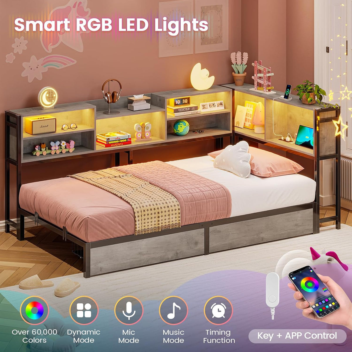 Hasuit Corner Bed Frame Twin XL with 2 Drawers and Storage Bookcase, Daybed with Charging Station and LED Lights, Metal Platform Bed with Bookshleves,Twin XL Bed Frame for Kids Teens Guests, Oak Gray