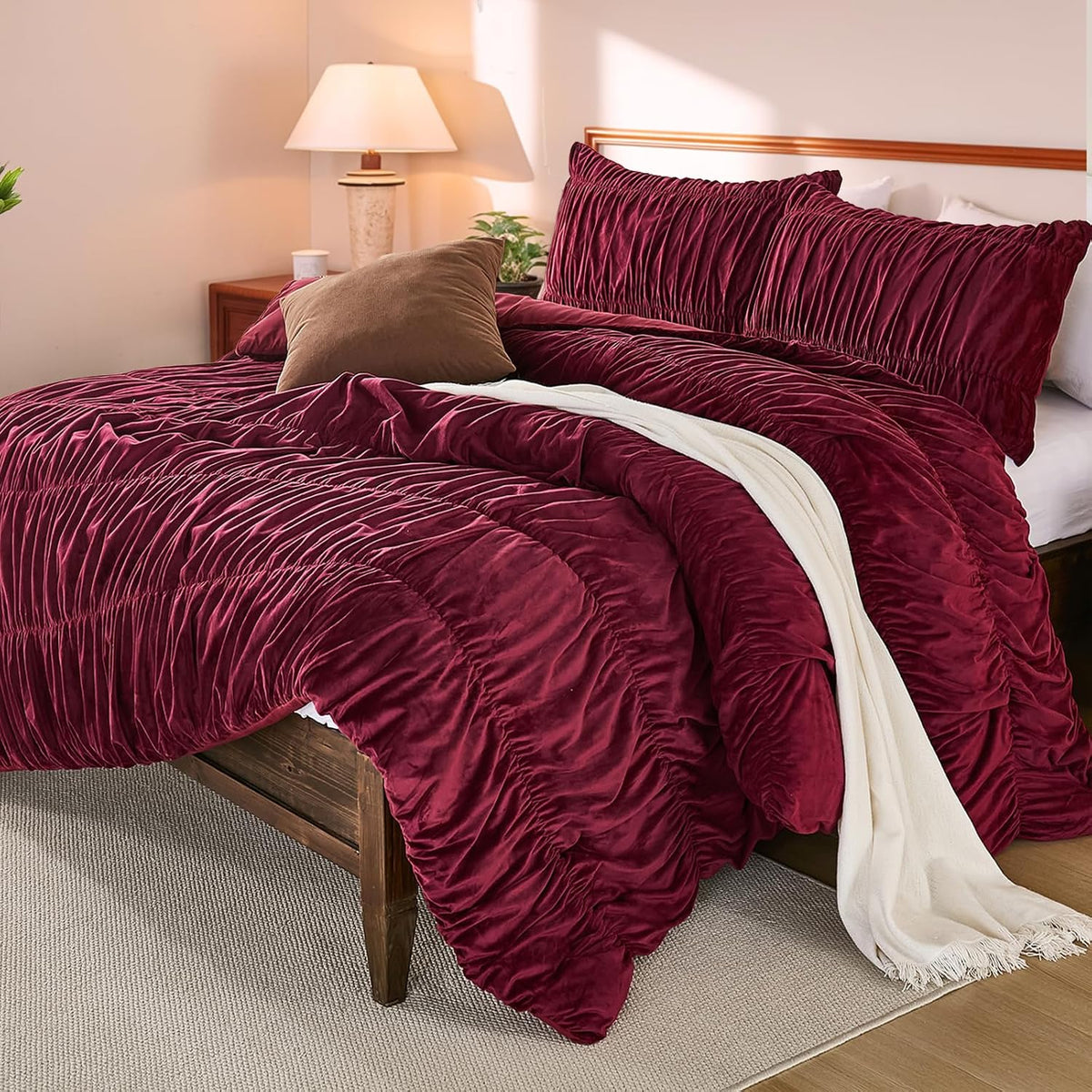 Bedbay Burgundy Velvet Queen Comforter Set,Boho Shabby Chic Ruched Bedding Comforter,Aesthetic Vintage Bedding Fluffy Ruffle Comforter Set,Ultra Soft Velvet Chenille Quilt Set,Red Full/Queen 3 Piece