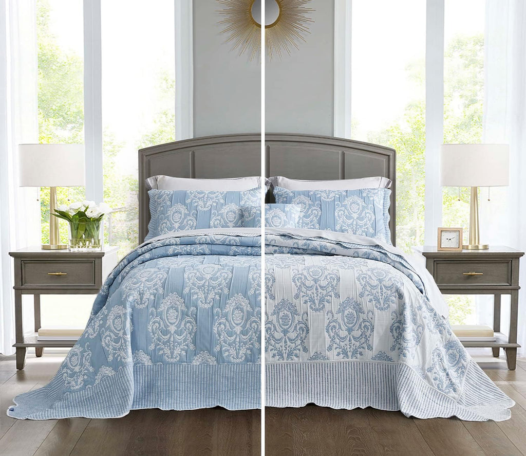 HZ & HY Oversized King Bedspread 128x120 Extra Wide, Jacquard Matelasse Damask Pattern Design, Lightweight, Reversible, 5 Piece, 100% Microfiber, Wathet Blue