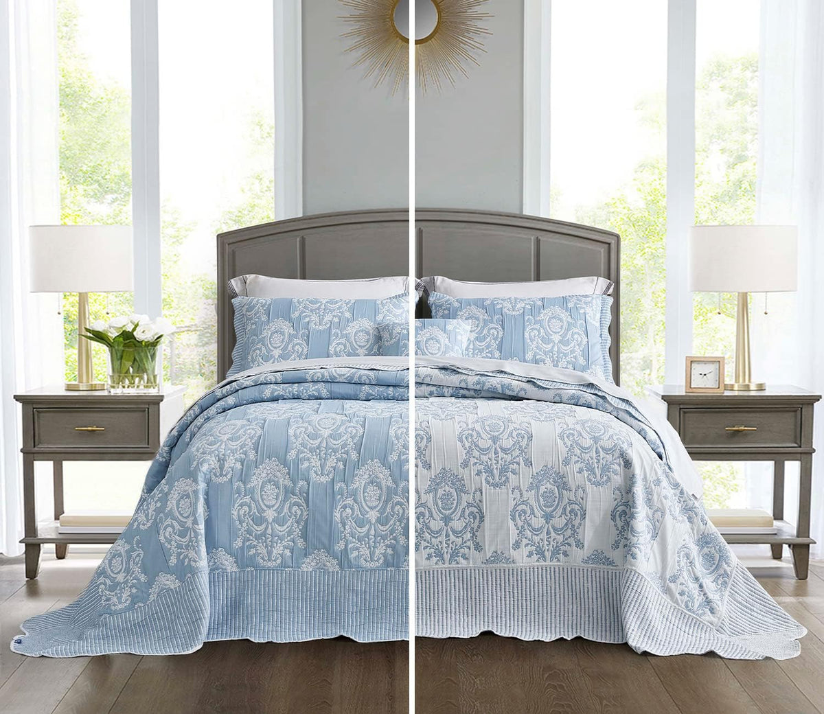 HZ & HY Oversized King Bedspread 128x120 Extra Wide, Jacquard Matelasse Damask Pattern Design, Lightweight, Reversible, 5 Piece, 100% Microfiber, Wathet Blue