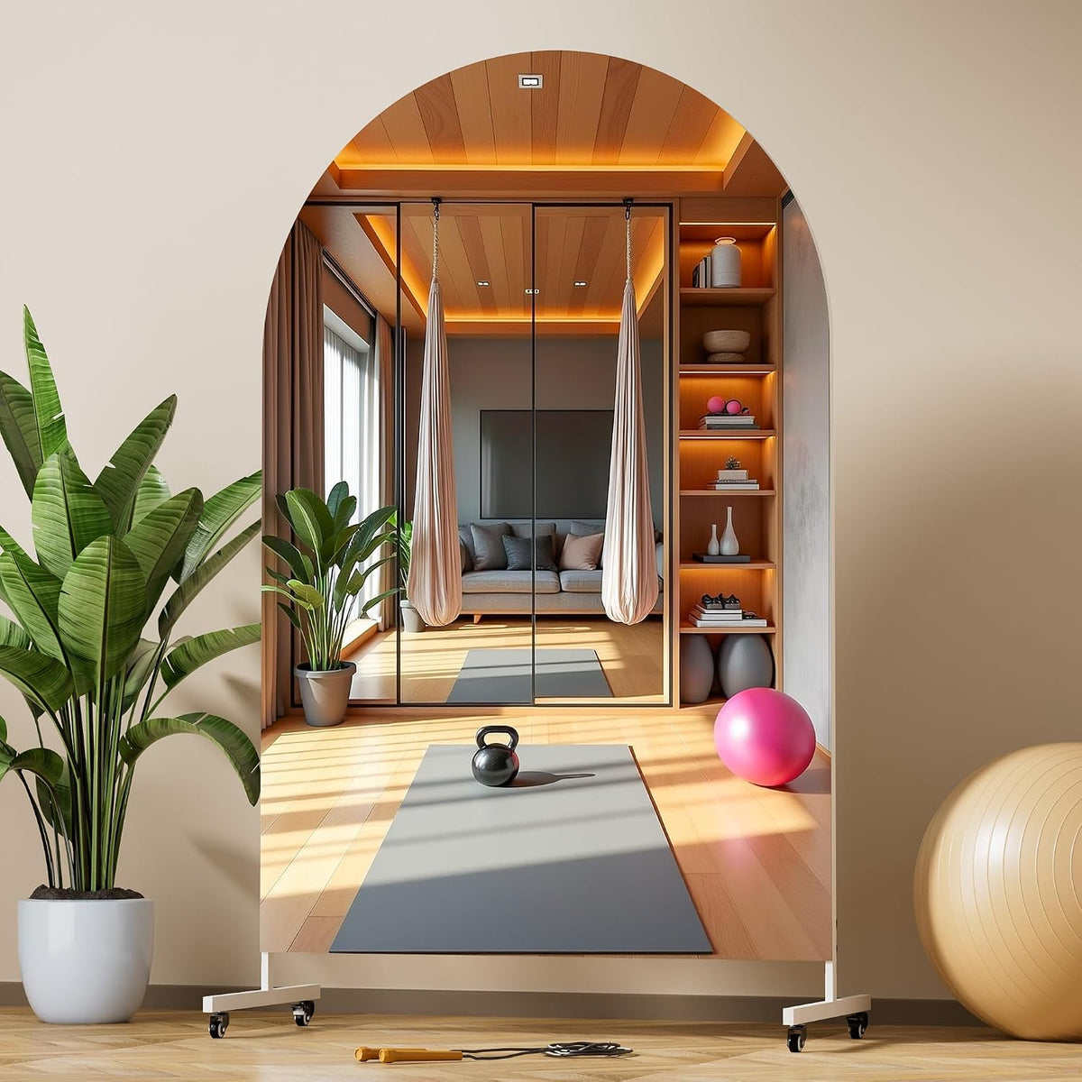 Hasipu 67' x 40' Arched Rolling Home Gym Mirror with Wheels, 360° Swivel Body Mirror with HD Tempered Glass, Large Floor Mirror for Yoga Room, Dance Studio, Bedroom & Home Gym