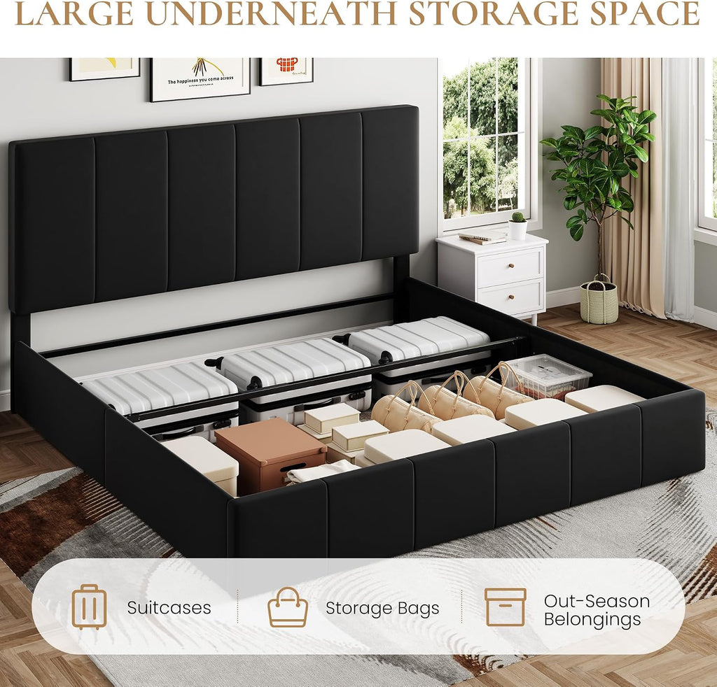 SHA CERLIN King Size Lift Up Storage Bed Frame, Adjustable Headboard, Hydraulic Support, Velvet Upholstered, Easy Installation, No Box Spring Needed, Black