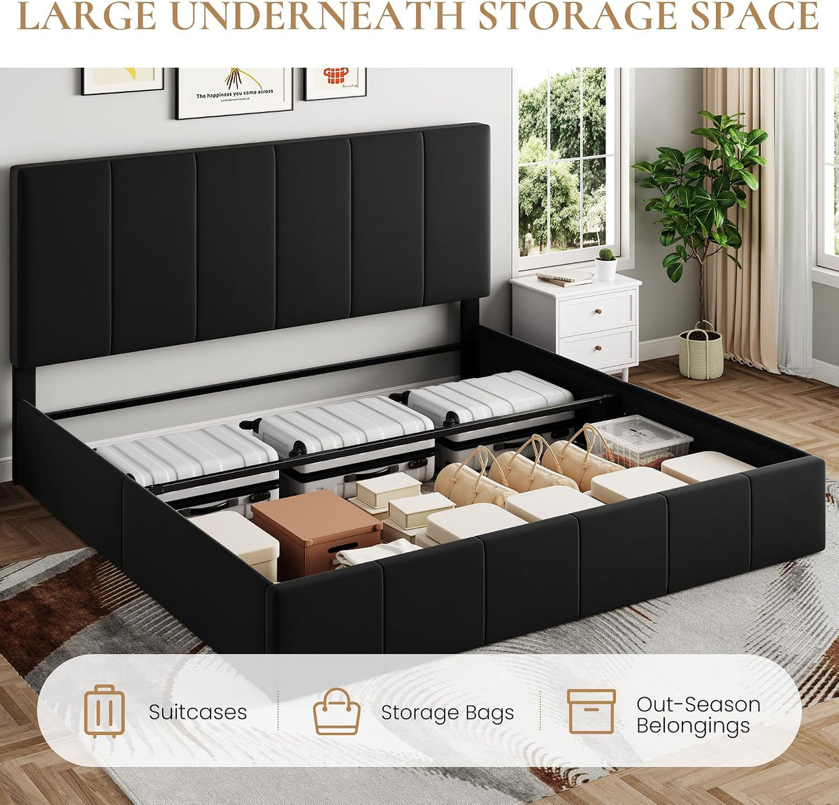 SHA CERLIN King Size Lift Up Storage Bed Frame, Adjustable Headboard, Hydraulic Support, Velvet Upholstered, Easy Installation, No Box Spring Needed, Black