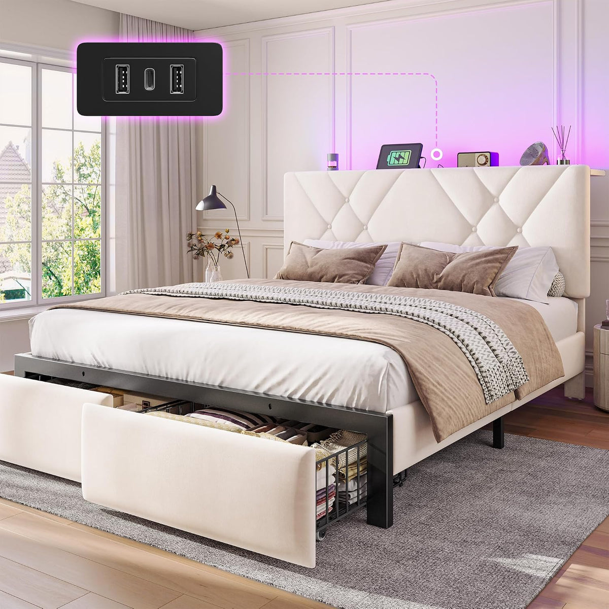 EnHomee Full Bed Frame with 2 Storage Drawers and LED Lights, Velvet Platform Bed Frame with Charging Station, Upholstered Adjustable Headboard, No Box Spring Needed, Easy Assembly，Beige