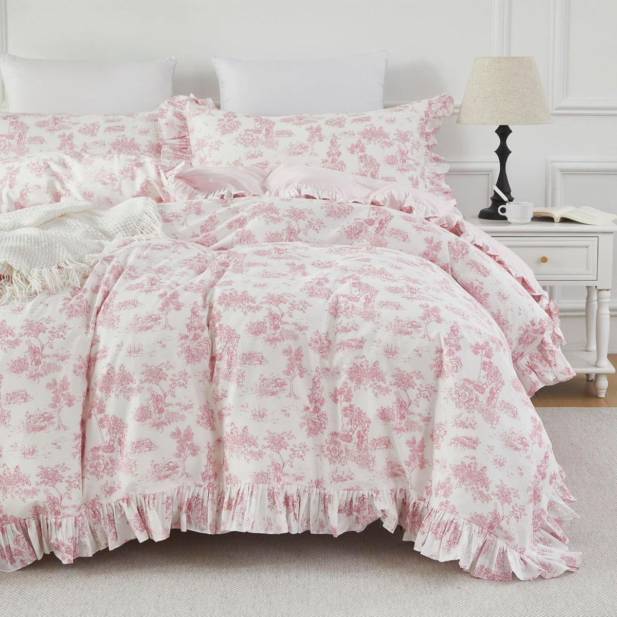 Brandream French Country Toile Duvet Quilt Cover King Size 100% Cotton Bedding Set Toile Tapestry Pattern Garden Floral Printed Blossom Tree Branches Delicate Ruffle Fringe Design