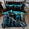 Bedorm Blue Marble Comforter Set Queen Silky Satin Bed in A Bag Black Marble Stone Abstract Texture Silk Like Black Satin Bedding Set with Comforter and Sheet Set