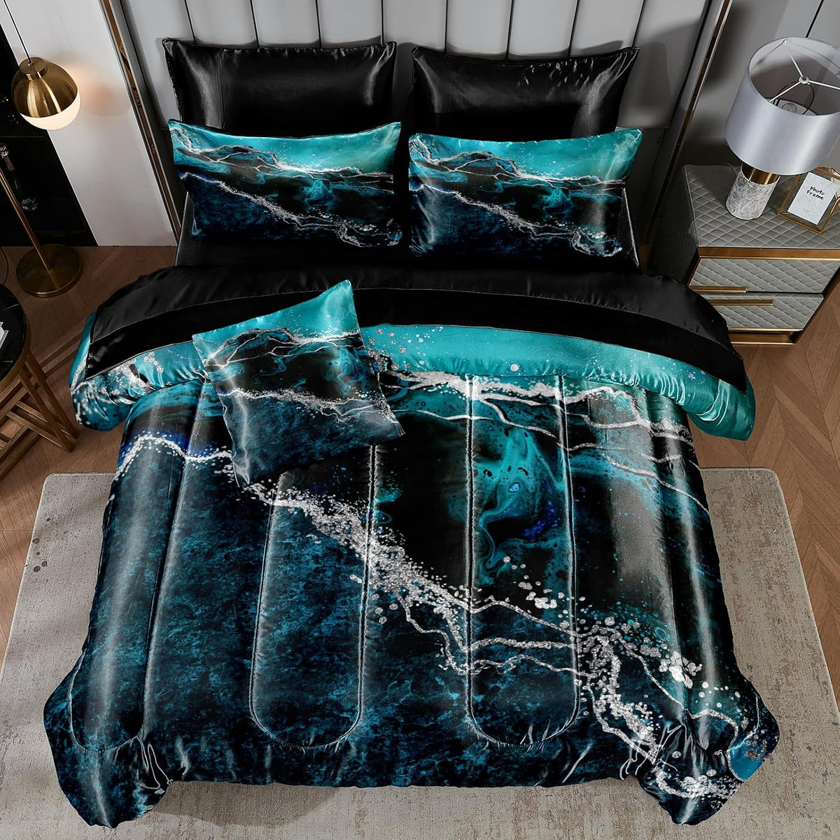 Bedorm Blue Marble Comforter Set Queen Silky Satin Bed in A Bag Black Marble Stone Abstract Texture Silk Like Black Satin Bedding Set with Comforter and Sheet Set