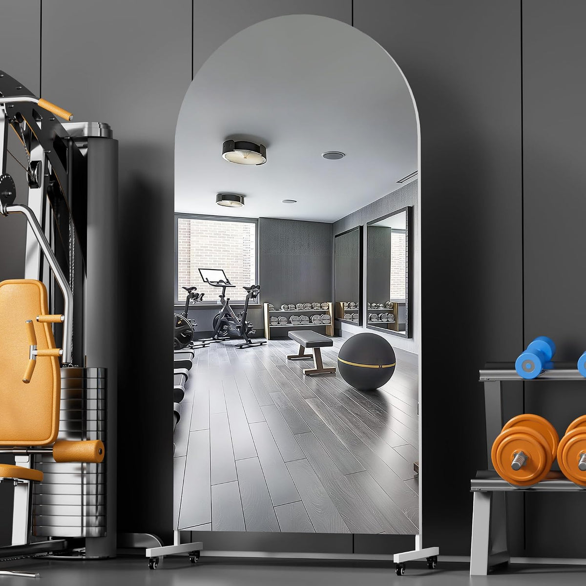 Hasipu 67' x 40' Arched Rolling Home Gym Mirror with Wheels, 360° Swivel Body Mirror with HD Tempered Glass, Large Floor Mirror for Yoga Room, Dance Studio, Bedroom & Home Gym