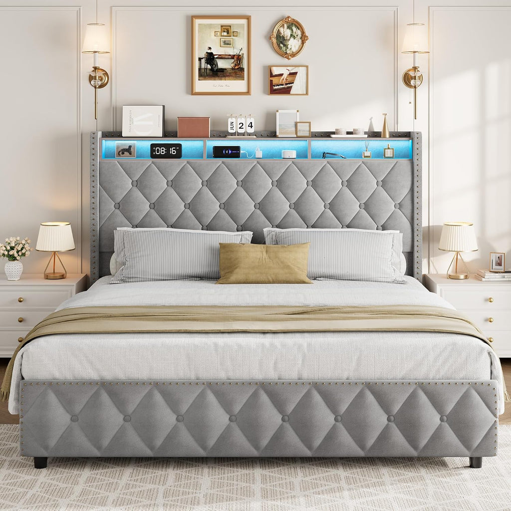 IDEALHOUSE King Size Bed Frame with 50.8' Tall Headboard and 4 Storage Drawers, Platform Velvet Upholstered Bed Frame with Charging Station, Led Lights, No Box Spring Needed, Easy Assembly, Grey