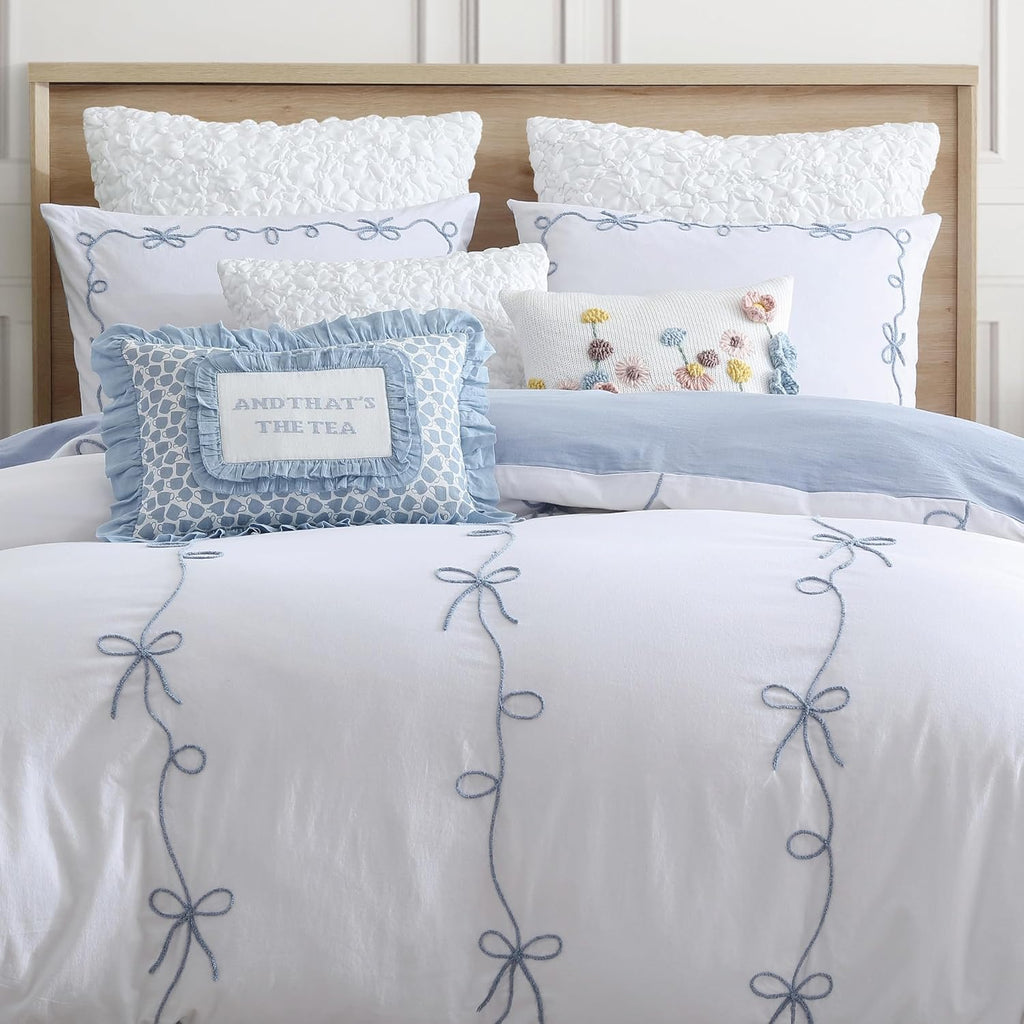 Peri Home Bows Duvet Cover Set 100% Cotton 3-Piece Bedding, King, Blue Sasha Bows