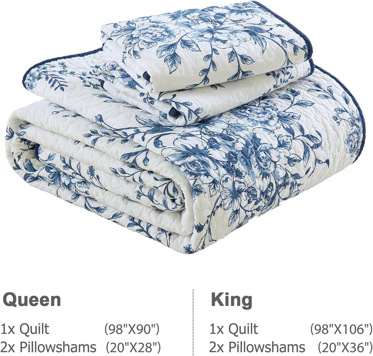 Finlonte Quilt King Size 100% Cotton Lightweight Soft King Quilt Vintage Botanical Quilted Bedspread White Blue Floral Reversible Quilt Bedding Set 3 Pieces