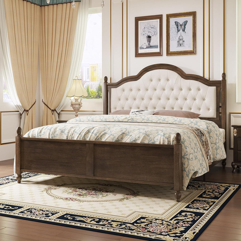 LUXOAK Solid Wood Bed Frame with Linen Upholstered Headboard, Queen Size Wood Platform Bed with Wood Slats, No Box Spring Needed, Easy Assembly, Walnut