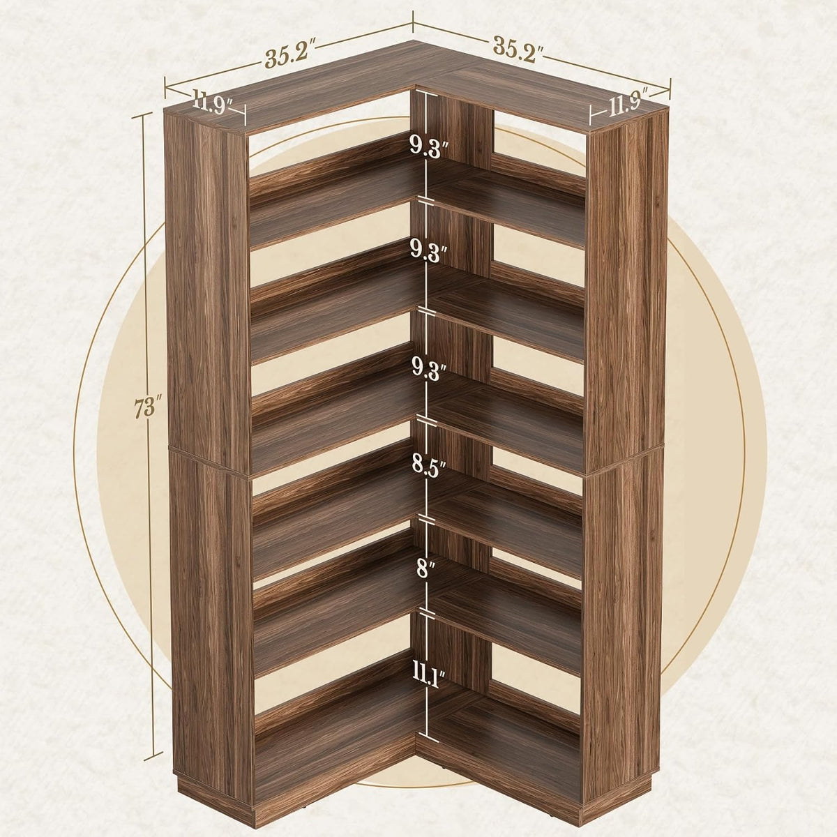 Corner Book Shelf, 6 Tier 73 Inch Tall Corner Bookshelf with Open Storage, Wood L Shaped Bookcase Storage Display Rack for Home Office, Black Walnut
