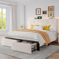 EnHomee Full Bed Frame with 2 Storage Drawers and LED Lights, Velvet Platform Bed Frame with Charging Station, Upholstered Adjustable Headboard, No Box Spring Needed, Easy Assembly，Beige