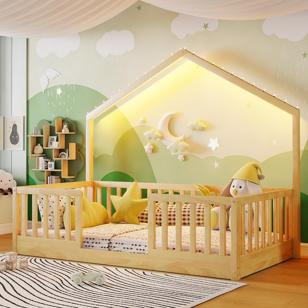 Twin Size House Bed for Kids, Low Profile Montessori Bed Twin with High Railings, Wood House Shape Montessori Beds with Light & Roof for Kids, Natural