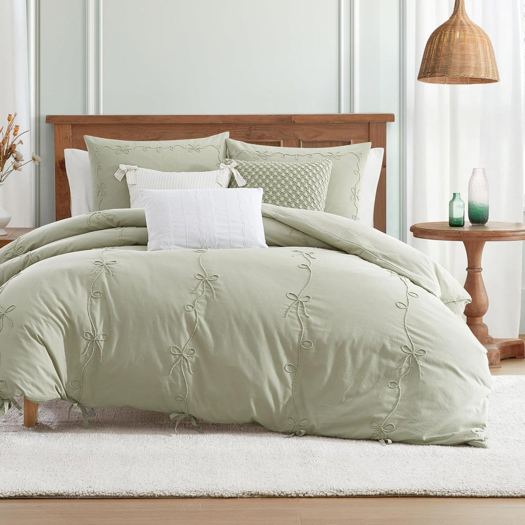 Peri Home Bows Duvet Cover Set 100% Cotton 3-Piece Bedding, King, Green Sasha Bows