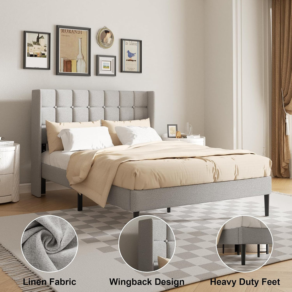 Full Size Bed Frame with Wingback Headboard, Velvet Upholstered Platform Bed Frame with Button Tufted Headboard, Wooden Slats Support, No Box Spring Needed, Easy Assembly, Light Grey