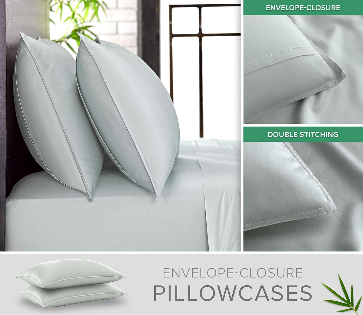 Pure Bamboo Queen Sheets, Genuine 100% Organic Viscose Derived from Bamboo Bed Sheet Set, Luxuriously Soft & Cooling, Double Stitching, 2 Year Quality Promise (Queen, Sea Glass)