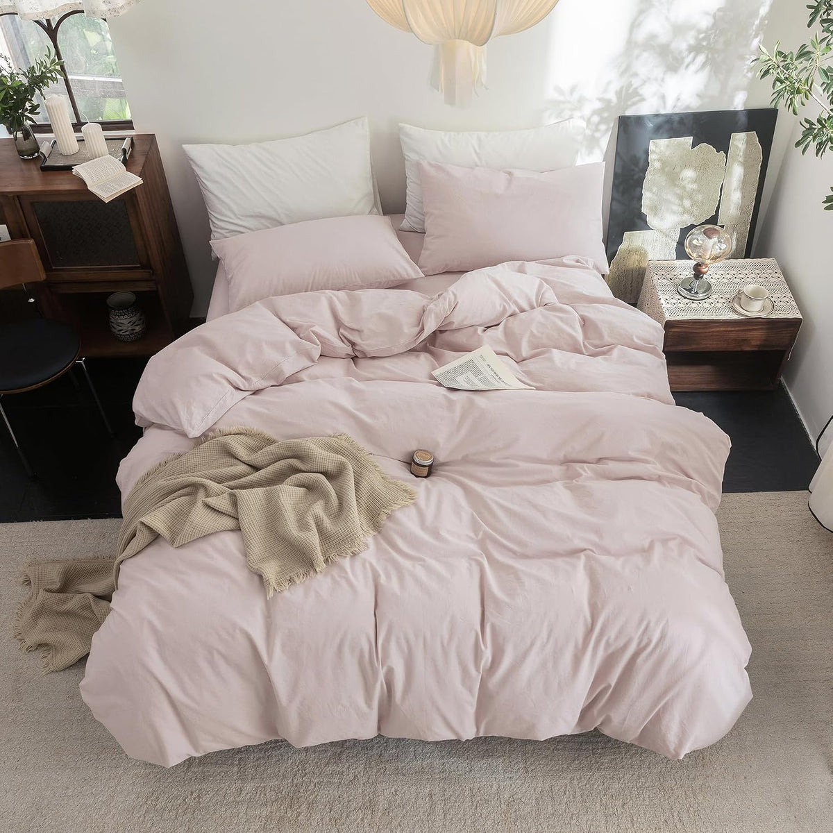 FOSSA Duvet Cover Set 100% Washed Cotton Linen Feel Super Soft Breathable Cozy 3 Pieces Bedding Sets Solid Greyish Pink Super King Plus